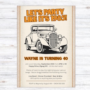 Retro Car 40th birthday invite - Let&#39;s Party Like It’s 1985!