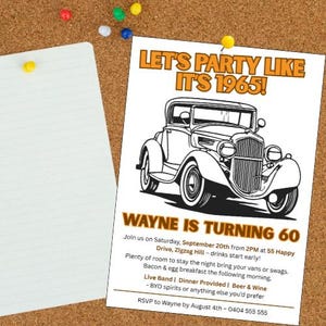Classic Car 60th birthday invite - Let&#39;s Party Like It’s 1965!
