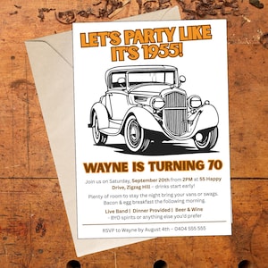 Classic Car 70th birthday invite - Let&#39;s Party Like It’s 1955!