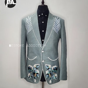 Men&#39;s Premium Sea Green 2Pc Bespoke Designer Leaf Floral Embroidered Piping Tuxedo High Waist Trouser Wedding Suit Prom Party Wedding Outfit