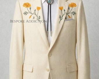 Men 2Pc Ivory Customized Floral Flower Embroidery Country Western Nudie Suit Retro Vintage Cowboy Prom Party Cocktail Wedding Groom Outfit