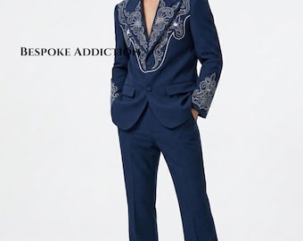 Men Teal Blue 2Pc Customised Piping Embroidery Country Western Nudie Suit Retro Vintage Wedding Groom Cowboy Outfit