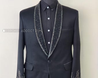 Men Black 2Pc Bespoke Handcrafted Embroidered Rhinestone Tuxedo Elegant Country Western Suit Retro Cocktail Stage Wedding Day Groom Outfit