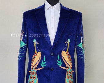 Men's Blue Velvet Bespoke 2Pc Country Western Suit Embroidered Blazer Rhinestones Embellished Retro Cocktail Wedding Pantsuit Gift For Him