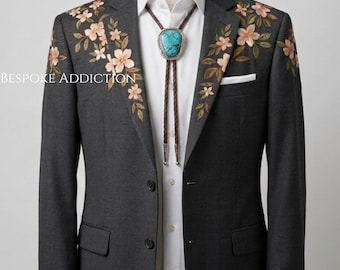 Herr 2-delad grå anpassad blommig blombroderi lantlig westernkostym formell retro vintage cowboy balfest cocktail bröllop brudgumskostym