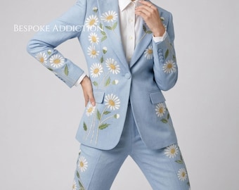Women 2Pc Sky Blue Customised Flower Vines Embroidered Country Western Nudie Suit Cowgirl Retro Vintage Cocktail Wedding Party Bride Outfit