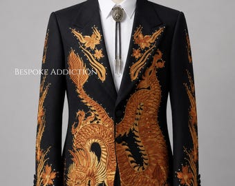 Men 2Pc Black Customised Dragon Embroidered Rhinestones Country Western Nudie Suit Cowboy Retro Vintage Cocktail Wedding Party Groom Outfit