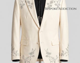 Men Ivory 2Pc Customised Floral Leaf Vines Embroidered Country Western Nudie Suit Retro Vintage Style Prom Wedding Groom Cowboy Event Outfit