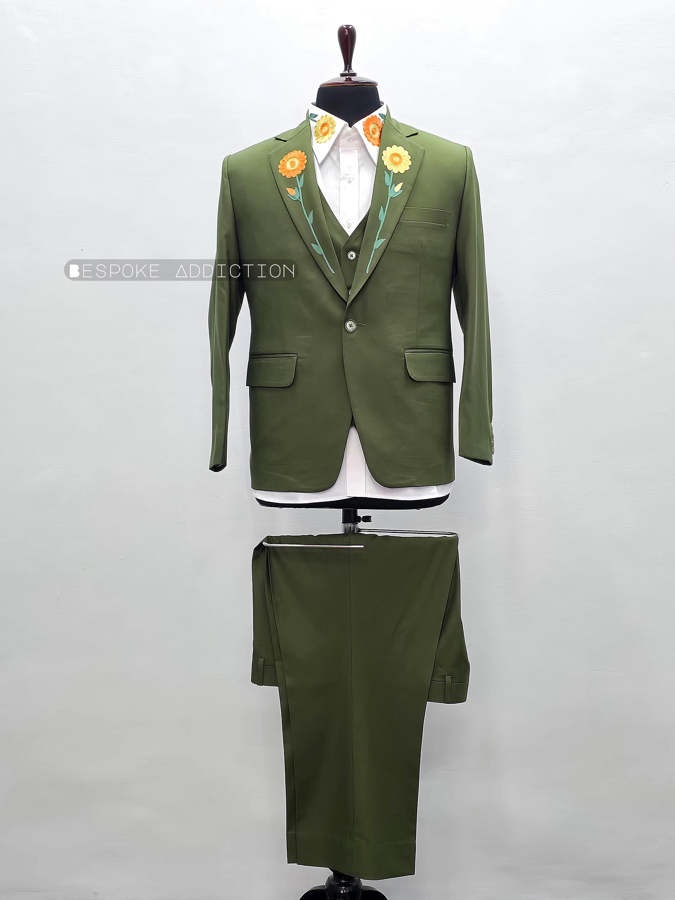 Men Olive Green 4pc Floral Flowers Embroidered on Peak Lapel Country  Western Nudie Suit With Shirt \u0026 Vest Wedding Party Groom Formal Outfit -  Etsy Israel, image size:2250x3000