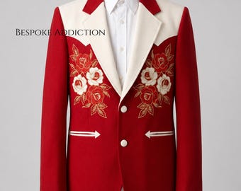 Męski czerwony, dwuczęściowy, dwukolorowy, szyty na miarę, haftowany kwiat w stylu country western vintage, kowbojski garnitur z kieszenią i strzałką, nude, bal, pan młody, ślub
