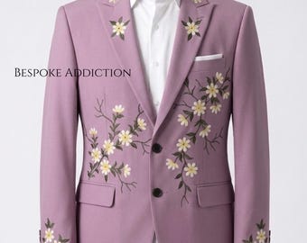 Mannen 2 St Fuchsia Roze Aangepaste Bloem Wijnstokken Borduurwerk Country Western Nudie Pak Retro Cocktail Party Vintage Cowboy Bruiloft Bruidegom Kleding