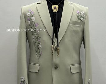 Men 2Pc Sage Green Customised Chainstitch Embroidered Western Nudie Suit Vintage Cowboy Party Wedding Groom Outfit