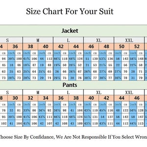 Puede incluir: Una tabla de tallas para trajes, con medidas en pulgadas y cent&iacute;metros. Incluye tallas de chaqueta y pantal&oacute;n, medidas de pecho, hombro, manga y largo de ropa. El texto "Size Chart For Your Suit" est&aacute; en la parte superior.