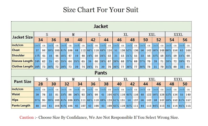 Puede incluir: Una tabla de tallas para trajes, con medidas en pulgadas y cent&iacute;metros. Incluye tallas de chaqueta y pantal&oacute;n, medidas de pecho, hombro, manga y largo de ropa. El texto "Size Chart For Your Suit" est&aacute; en la parte superior.