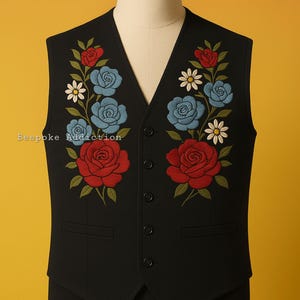 Men Black Customized Flower Embroidered Vintage Style Vest & Trousers 2 Piece Country Western Suit Cowboy Rodero Wedding Music Party Outfit