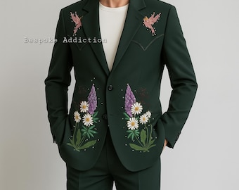 Traje de hombre de 2 piezas, color verde, personalizado, con bordado de flores y pájaros, pedrería, estilo country western, estilo vaquero vintage, para fiestas, cócteles, bodas y para el novio.