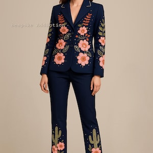Women Blue Customize 2Pc Flower Vines Cactus Embroidered With Rhinestones Country Western Nudie Suit Wedding Bride Party Boho Hippie Outfit