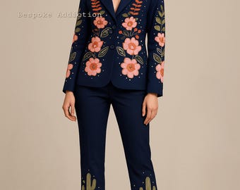Women Blue Customize 2Pc Flower Vines Cactus Embroidered With Rhinestones Country Western Nudie Suit Wedding Bride Party Boho Hippie Outfit