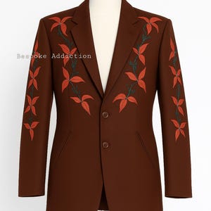 Men Brown 2Pc Customized Flower Vines Embroidered Cowboy Country Western Suit Premium Cotton Wedding Day Groom Cocktail Prom Party Attire