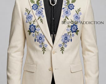 Men Ivory 2Pc Bespoke Floral Flower Embroidered Country Western Nudie Suit Vintage Style Cowboy Retro Cocktail Party Wedding Groom Outfit
