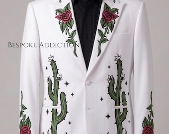 Männer 2Pc Off White Kundenspezifische Kaktus-Schädel gestickte Cowboy-Weinlese-Land Western Nudie Anzug Cocktail Abschlussball-Hochzeitsfest-Outfit