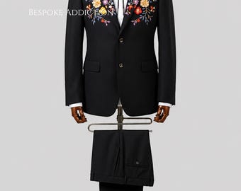 Men Black 2Pc Custom Made Floral Flower Vines Embroidered Country Western Nudie Suit Retro Vintage Prom Concert Wedding Groom Cowboy Outfit