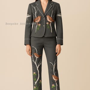 Women Gray Customize 2Pc Bird Tree Vines Embroidered With Rhinestones Country Western Suit Wedding Bride Party Boho Hippie Formal Outfit