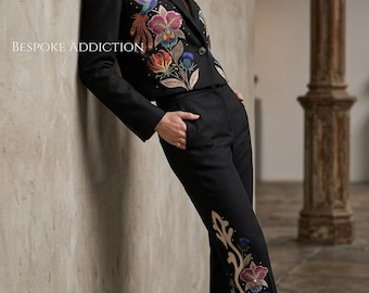 Women 2Pc Black Customized Embroidered Rhinestones Western Nudie Suit Country Cowgirl Wedding Bride Outfit