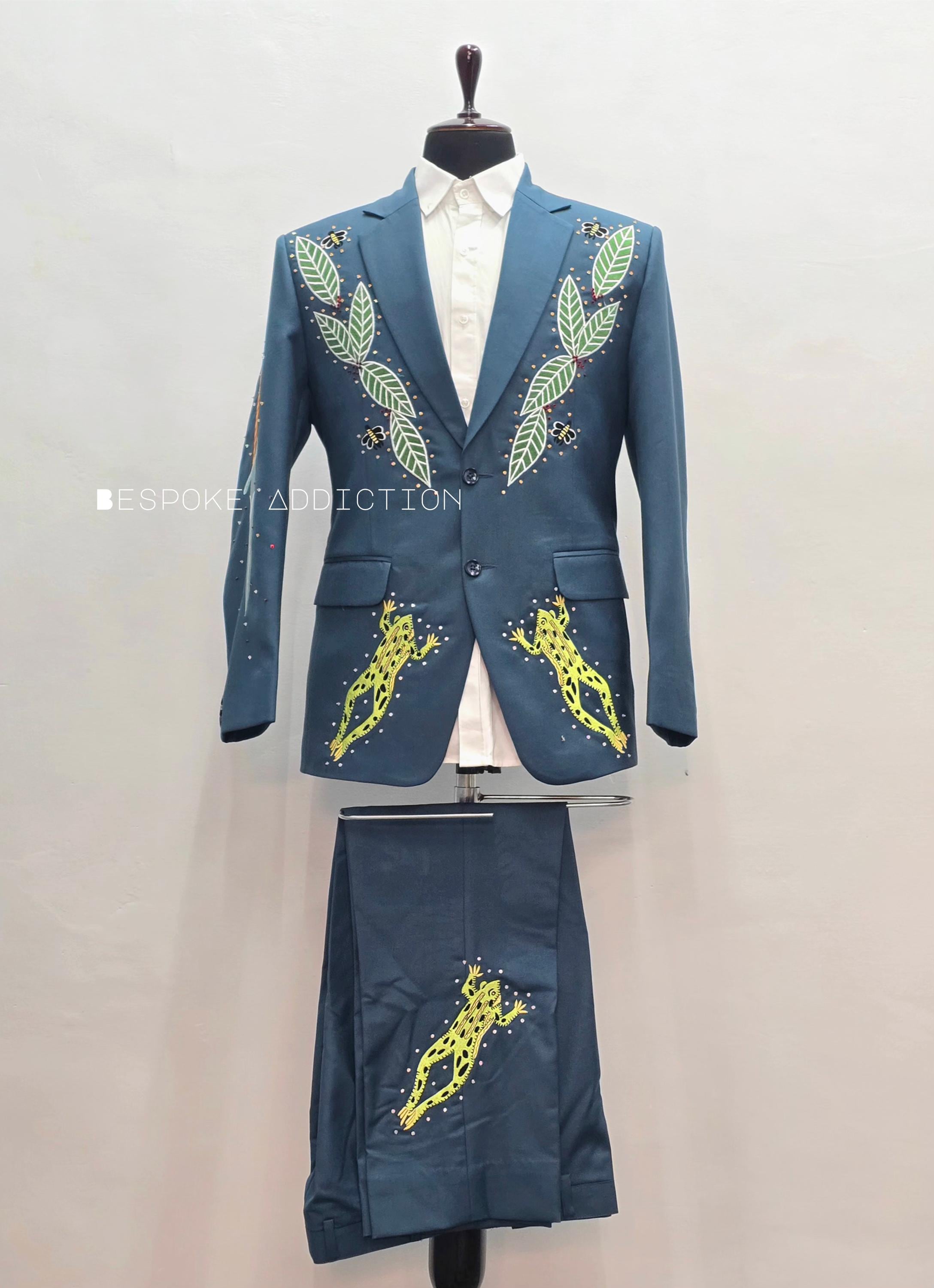 ホットセール - アートトラベルシューズ Men Royal Embroidered Floral Bespoke Suit 2pc Blue 洋画・外国映画