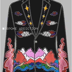 Men Black 2Pc Customized Mountain Theme Embroidered With Rhinestones Country Western Nudie Suit Wedding Day Cocktail Dinner Party Outfit