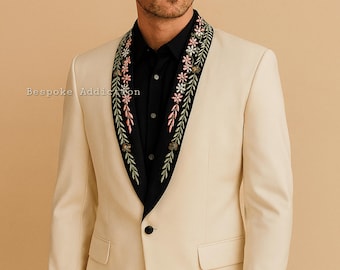 Men’s Ivory 2 Piece Customized Tuxedo Designer Leaf Vines Embroidered Satin Lapel Country Western Suit Coat Pant Retro Wedding Day Outfit