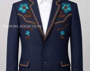 Men Navy Blue 2Pc Customised Floral Flower Embroidered Country Western Nudie Suit Retro Smiley Pockets Vintage Wedding Groom Cowboy Outfit