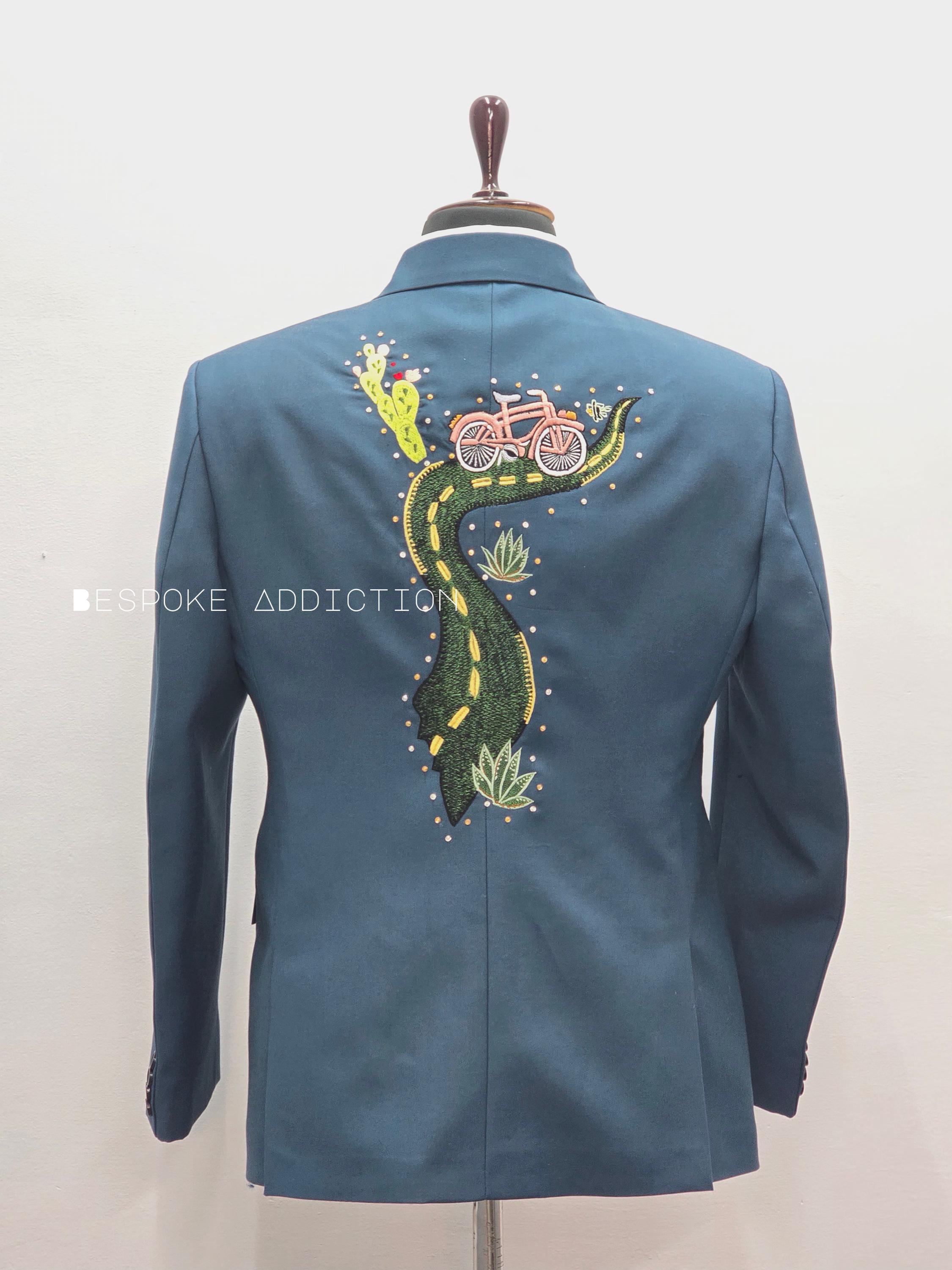 Men Royal Blue 2pc Suit Bespoke Floral Embroidered