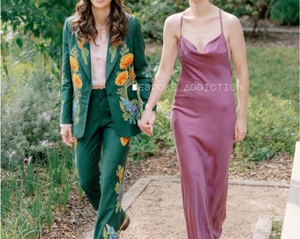 Women Customize Green 2Pc Flower&#39;s Embroidered Premium Country Western Nudie Suit Vintage Wedding Day Bride Party Boho Hippie Formal Outfit