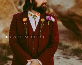 Men Maroon 4Pc Customized Flowers Embroidered On Peak Lapel Cocktail Country Western Suit With Shirt Retro Groom Prom Wedding Party Outfit