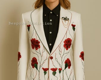 Women Off White 2Pc Handcrafted Floral Rose Vines Embroidered Country Western Nudie Suit Retro Hippie Cocktail Party Wedding Bride Outfit