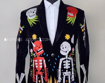 Man 2Pc Black Velvet Customized Skeleton Embroider Cowboy Country Western Suit Halloween Retro Prom Party Wedding \Cocktail Designer Outfit