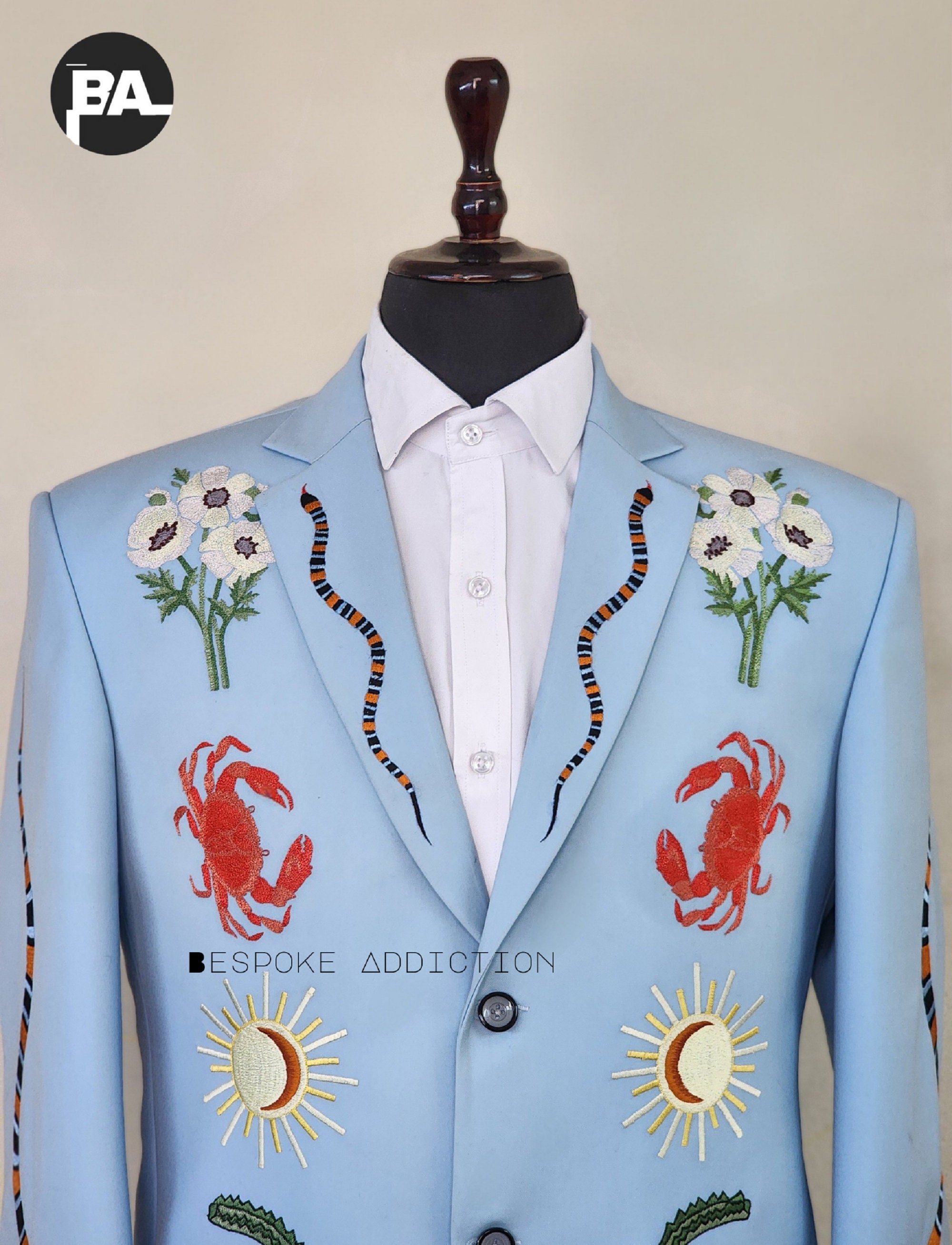 Men Sky Blue 2pc Customized Floral Alligator Snake