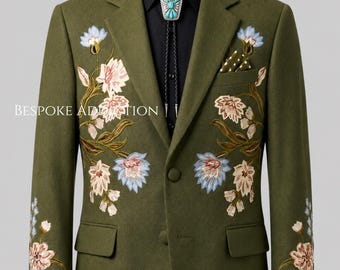 Men 2Pc Olive Green Custom Made Floral Flower Embroidered Country Western Suit Cocktail Retro Vintage Style Cowboy Prom Wedding Groom Set