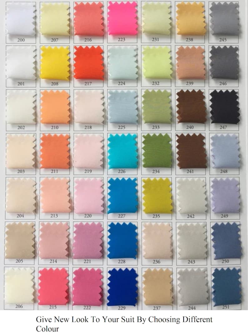 Puede incluir: Carta de muestras de colores con muestras de tela en tonos de blanco, amarillo, naranja, rosa, azul, verde y marr&oacute;n. El texto en la parte inferior dice: "Give New Look To Your Suit By Choosing Different Colour."