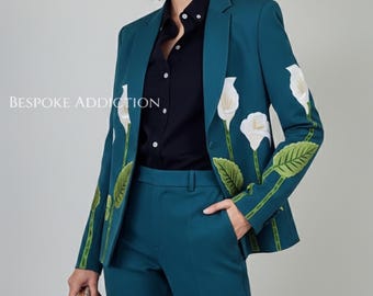 Women Teal Green 2Pc Customized Floral Flower Leaf Embroidered Country Western Nudie Suit Retro Vintage Cowgirl Hippie Wedding Bride Outfit