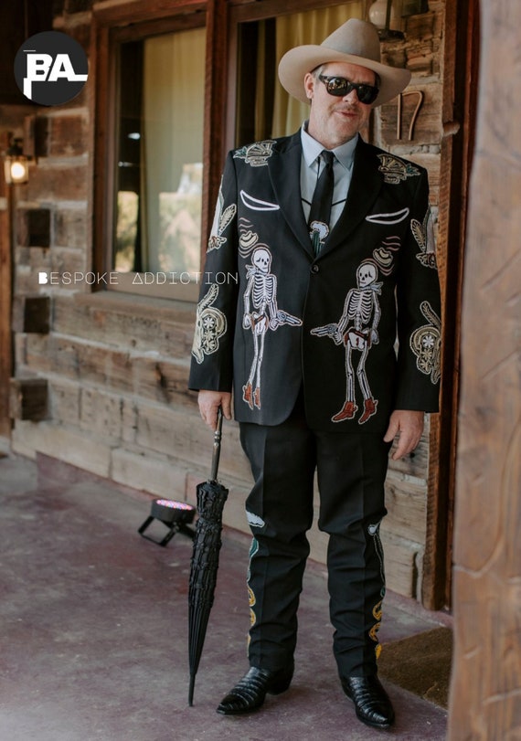 Costume homme country 2 pieces noir sur mesure cow boy squelette floral brode strass smiley poches jour de mariage fete cocktail tenue Etsy Canada