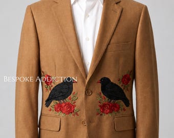 Men Tan 2Pc Bespoke Floral Flower Bird Embroidered Country Western Vintage Style Cowboy Nudie Suit Tuxedo Cocktail Party Wedding Groom Set