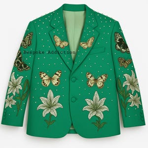 Men Green 2Pc Customized Butterfly Flower Embroidered With Pearls Vintage Country Western Nudie Suit Cowboy Groom Wedding Prom Party Attire