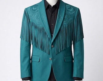 Men 2Pc Teal Green Custom Made Floral Vines Embroidered Country Western Vintage Style Cowboy Fringe Nudie Suit Groom Wedding Rodeo Outfit