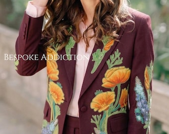 Women 2Pc Wine Bespoke Chainstitch Floral Flower Leaf Vines Embroidered Country Western Nudie Suit Boho Hippie Cocktail Wedding Bride Outfit