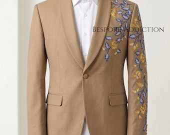 Men Tan 2Pc Custom Made Floral Flower Embroidered Country Western Luxury Unique Groom Wedding Prom Party Event Concert Dinner Night Outfit