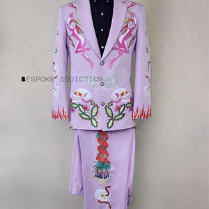 Men Purple 2Pc Cowboy Country Western Nudie Suit Skeleton Floral Embroidered Rhinestone High Waist Pant Cocktail Wedding Party Events Outfit