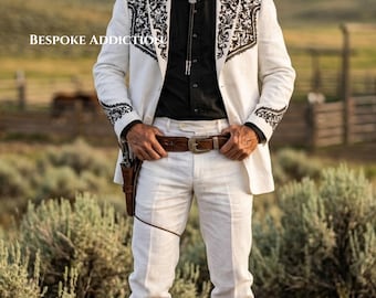 Traje de hombre de 2 piezas color blanco roto con bordado floral paisley personalizado, estilo country western, vaquero vintage, fiesta, cóctel, boda, atuendo de novio.