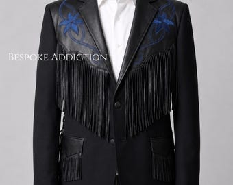 Men 2Pc Black Custom Made Floral Embroidered Country Western Leather Vintage Style Cowboy Fringe Nudie Suit Groom Wedding Stage Rodeo Outfit